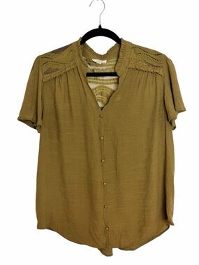 Blu Pepper Olive Button-Front Short Sleeve Top with Lace